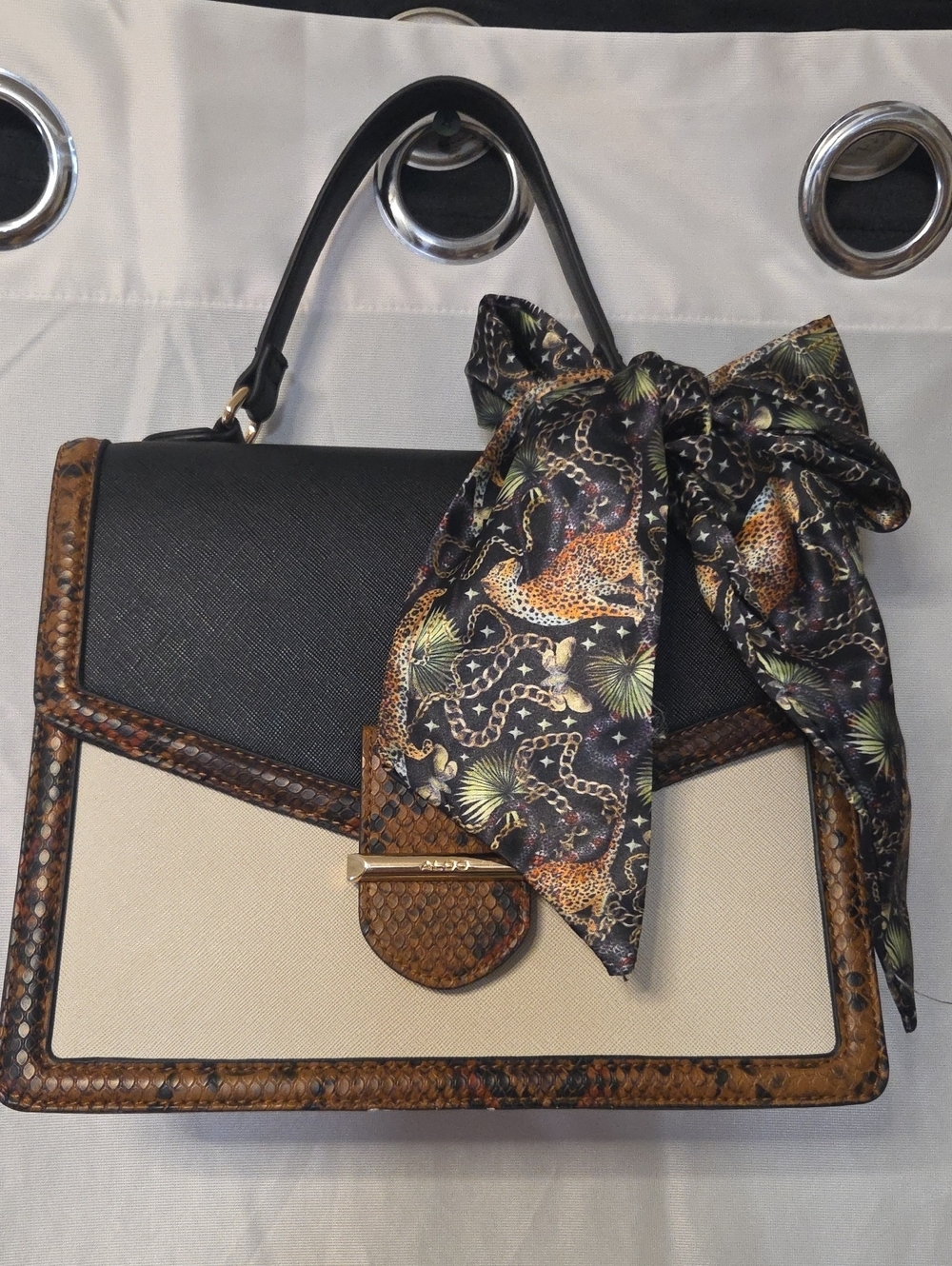 Aldo Black and Cream Structured Satchel with Brown Snakeskin Trim